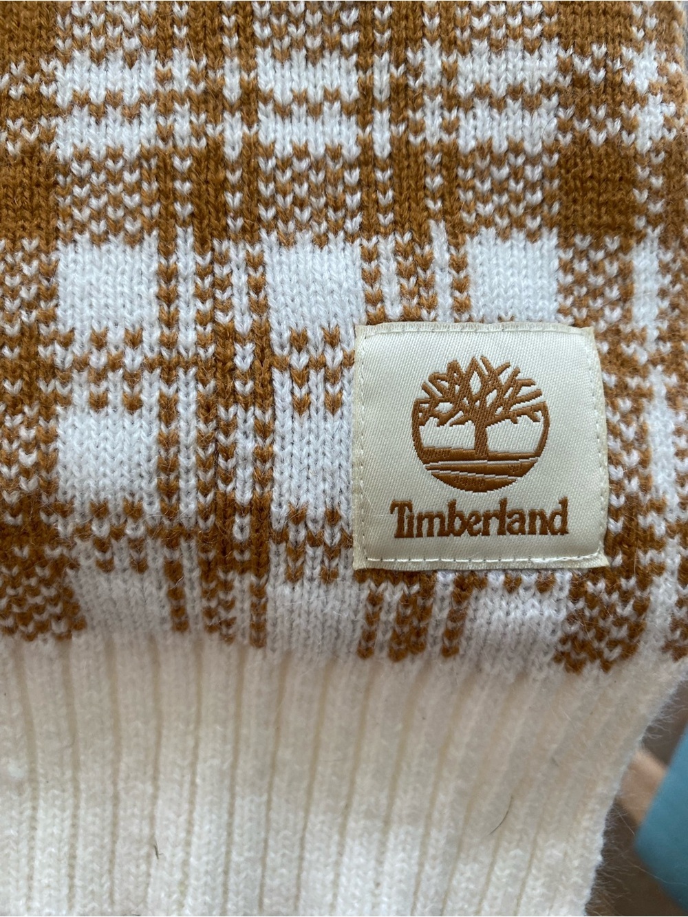 Timberland Brown Cream Plaid Knit Scarf Acrylic Winter Unisex Logo Patch - Picture 3 of 5